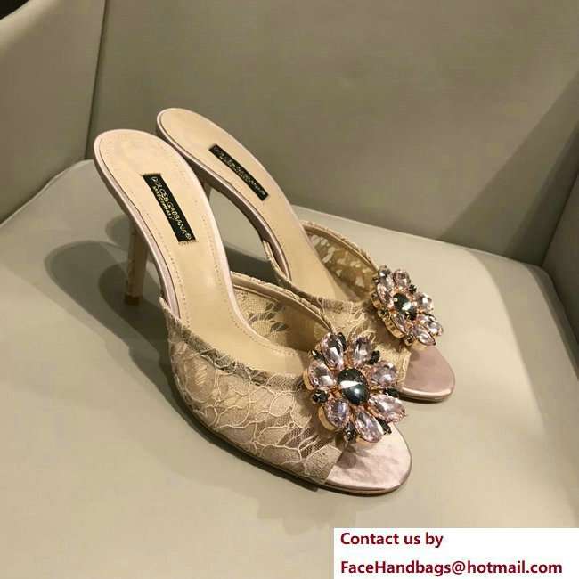 Dolce  &  Gabbana Heel 7cm Slippers Nude In Lace With Crystals 2018